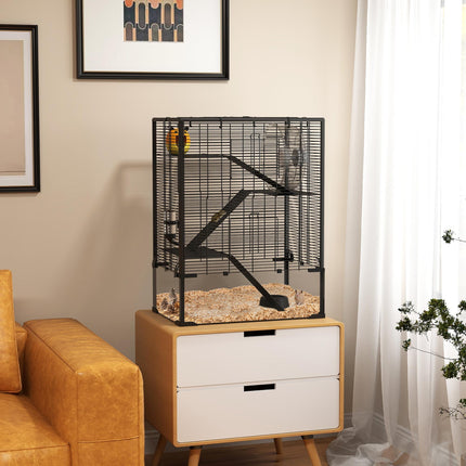 4 Tiers Hamster Cage with Tempered Glass Bottom, Hut, Wheel, Food Dish & Water Bottle, 60x40x80cm - Black