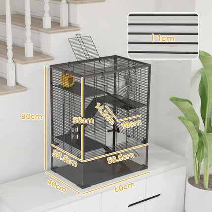 4 Tiers Hamster Cage with Tempered Glass Bottom, Hut, Wheel, Food Dish & Water Bottle, 60x40x80cm - Black