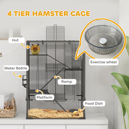 4 Tiers Hamster Cage with Tempered Glass Bottom, Hut, Wheel, Food Dish & Water Bottle, 60x40x80cm - Black