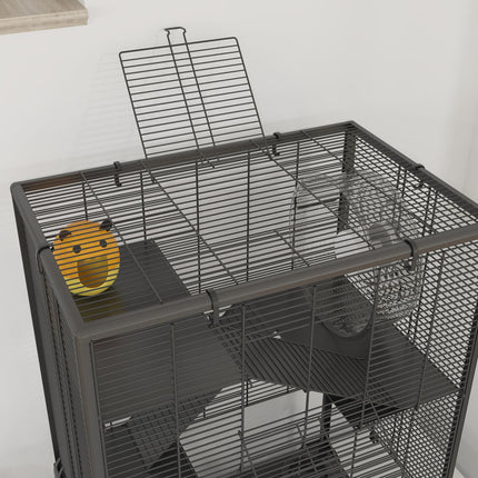 4 Tiers Hamster Cage with Tempered Glass Bottom, Hut, Wheel, Food Dish & Water Bottle, 60x40x80cm - Black