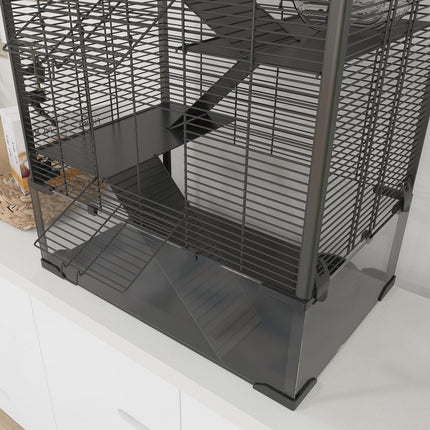 4 Tiers Hamster Cage with Tempered Glass Bottom, Hut, Wheel, Food Dish & Water Bottle, 60x40x80cm - Black