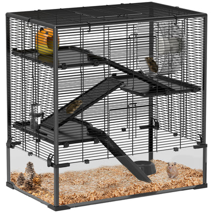 4 Tier Hamster Cage with Deep Tempered Glass Bottom, Hut, Wheel, Food Dish & Water Bottle - Black Transparent