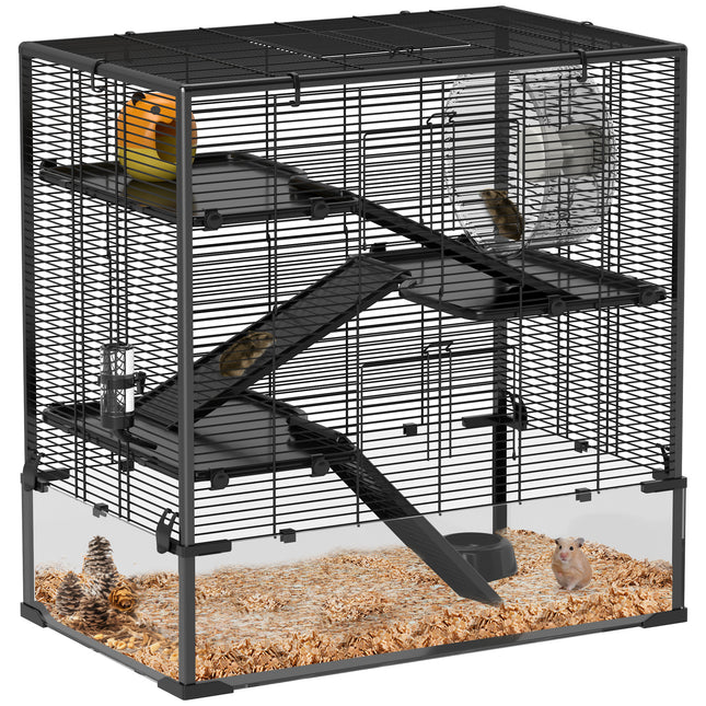 4 Tier Hamster Cage with Deep Tempered Glass Bottom, Hut, Wheel, Food Dish & Water Bottle - Black Transparent