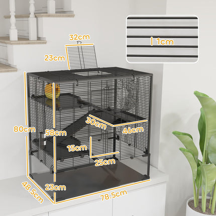 4 Tier Hamster Cage with Deep Tempered Glass Bottom, Hut, Wheel, Food Dish & Water Bottle - Black Transparent