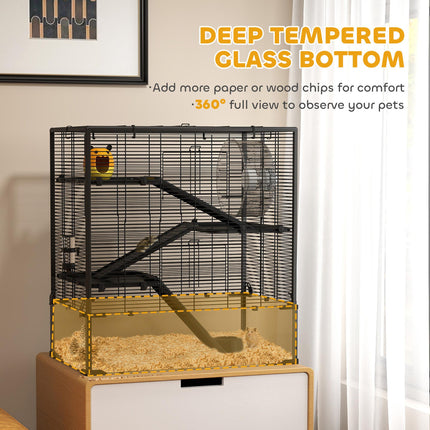 4 Tier Hamster Cage with Deep Tempered Glass Bottom, Hut, Wheel, Food Dish & Water Bottle - Black Transparent