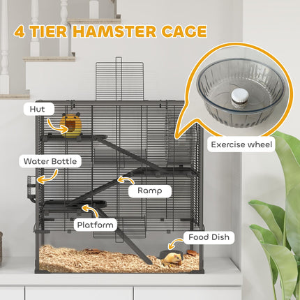 4 Tier Hamster Cage with Deep Tempered Glass Bottom, Hut, Wheel, Food Dish & Water Bottle - Black Transparent