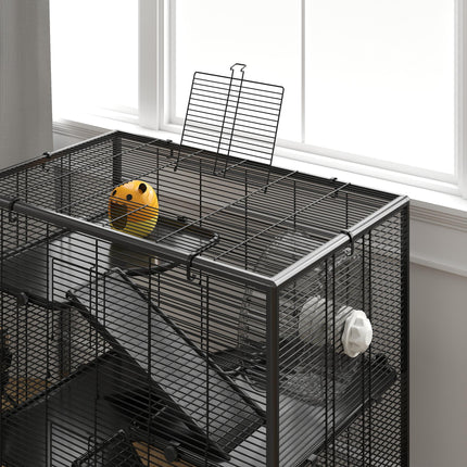 4 Tier Hamster Cage with Deep Tempered Glass Bottom, Hut, Wheel, Food Dish & Water Bottle - Black Transparent