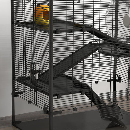4 Tier Hamster Cage with Deep Tempered Glass Bottom, Hut, Wheel, Food Dish & Water Bottle - Black Transparent