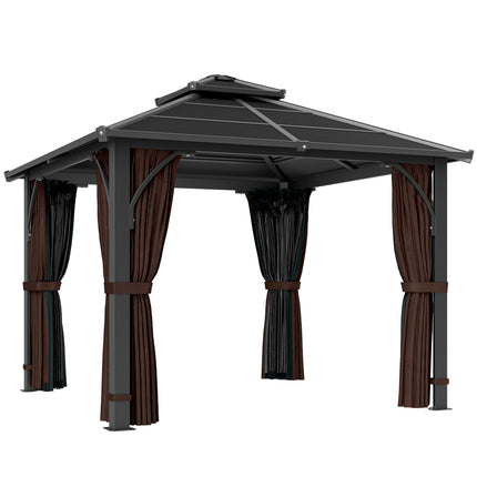 3 x 3m Hardtop Gazebo Canopy with 7mm Double Polycarbonate Roof, Mosquito Netting & Curtains - Brown