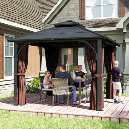 3 x 3m Hardtop Gazebo Canopy with 7mm Double Polycarbonate Roof, Mosquito Netting & Curtains - Brown