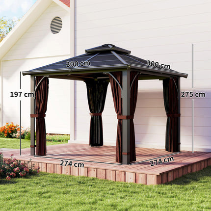 3 x 3m Hardtop Gazebo Canopy with 7mm Double Polycarbonate Roof, Mosquito Netting & Curtains - Brown