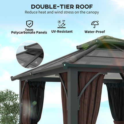 3 x 3m Hardtop Gazebo Canopy with 7mm Double Polycarbonate Roof, Mosquito Netting & Curtains - Brown