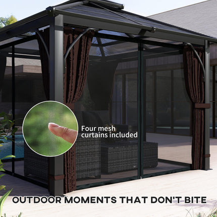 3 x 3m Hardtop Gazebo Canopy with 7mm Double Polycarbonate Roof, Mosquito Netting & Curtains - Brown