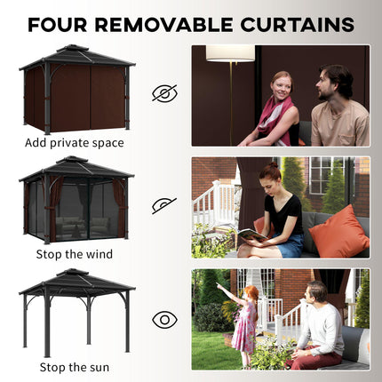 3 x 3m Hardtop Gazebo Canopy with 7mm Double Polycarbonate Roof, Mosquito Netting & Curtains - Brown