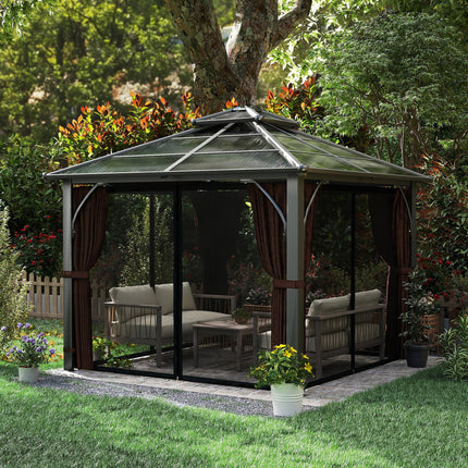 3 x 3m Hardtop Gazebo Canopy with 7mm Double Polycarbonate Roof, Mosquito Netting & Curtains - Brown