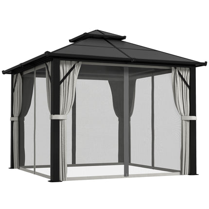 3 x 3m Hardtop Gazebo Canopy with UPF30+ Double Polycarbonate Roof, Aluminium Frame, Mosquito Netting & Curtains - Grey