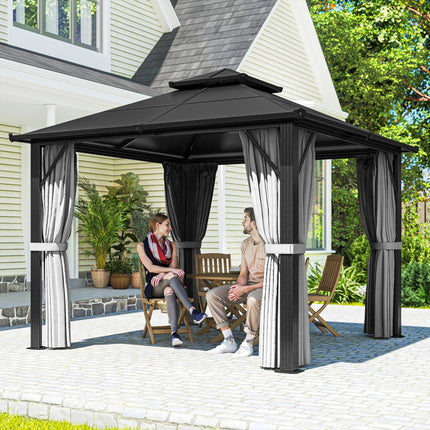 3 x 3m Hardtop Gazebo Canopy with UPF30+ Double Polycarbonate Roof, Aluminium Frame, Mosquito Netting & Curtains - Grey