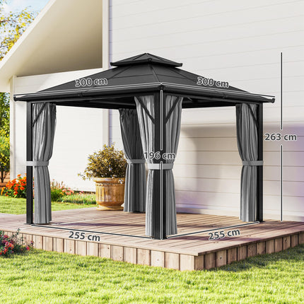 3 x 3m Hardtop Gazebo Canopy with UPF30+ Double Polycarbonate Roof, Aluminium Frame, Mosquito Netting & Curtains - Grey