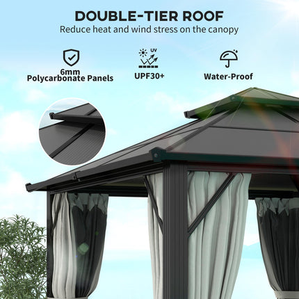 3 x 3m Hardtop Gazebo Canopy with UPF30+ Double Polycarbonate Roof, Aluminium Frame, Mosquito Netting & Curtains - Grey