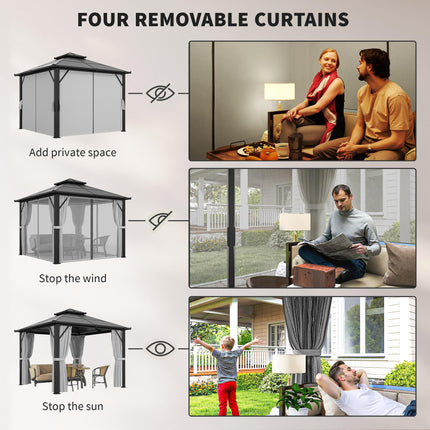 3 x 3m Hardtop Gazebo Canopy with UPF30+ Double Polycarbonate Roof, Aluminium Frame, Mosquito Netting & Curtains - Grey