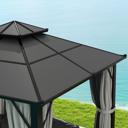 3 x 3m Hardtop Gazebo Canopy with UPF30+ Double Polycarbonate Roof, Aluminium Frame, Mosquito Netting & Curtains - Grey
