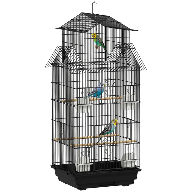 Metal Bird Cage with Swing, Perch, Food Containers & Tray for Finches Canaries 43x32.5x104cm - Black