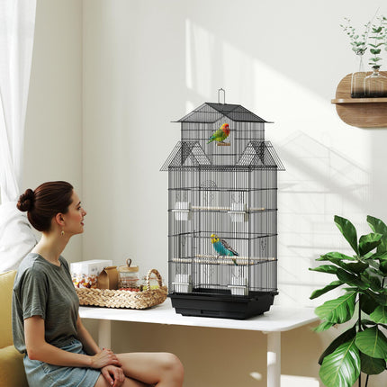Metal Bird Cage with Swing, Perch, Food Containers & Tray for Finches Canaries 43x32.5x104cm - Black
