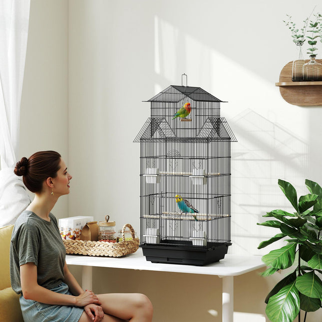 Metal Bird Cage with Swing, Perch, Food Containers & Tray for Finches Canaries 43x32.5x104cm - Black