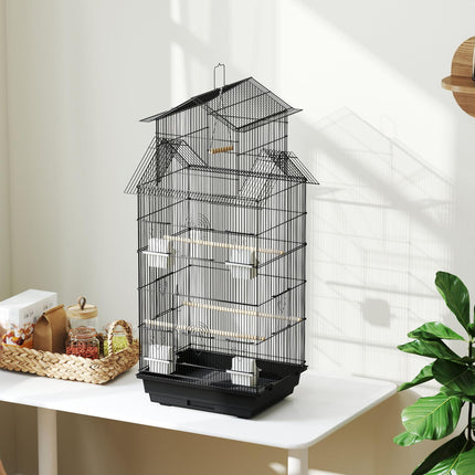 Metal Bird Cage with Swing, Perch, Food Containers & Tray for Finches Canaries 43x32.5x104cm - Black