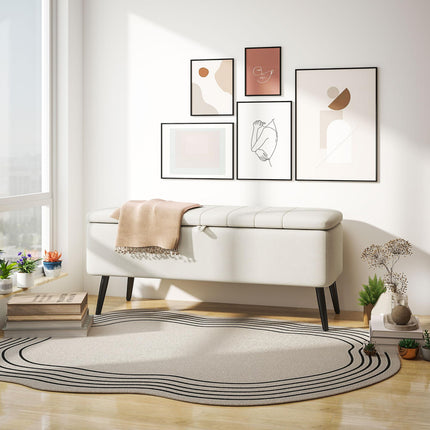 Storage Ottoman Linen Fabric Bench with Flip-Top Storage - Cream White
