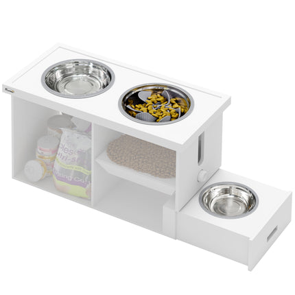 Raised Dog Bowls w/ Slow Feeder Mat, Storage Cabinet, Three Stainless Steel Bowl