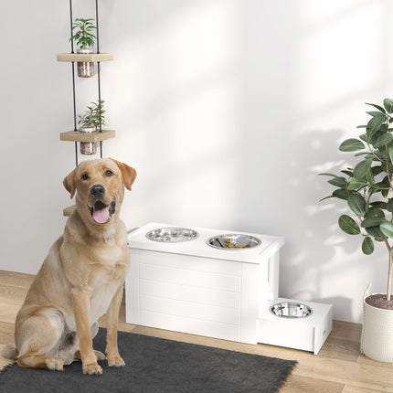 Raised Dog Bowls w/ Slow Feeder Mat, Storage Cabinet, Three Stainless Steel Bowl