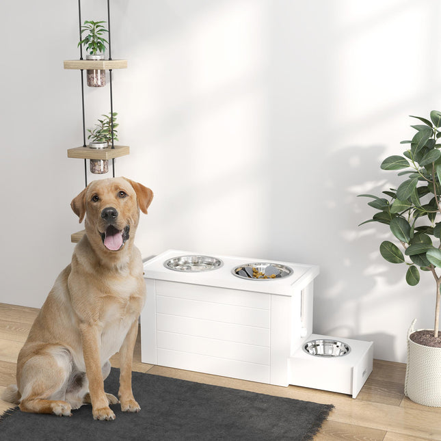 Raised Dog Bowls w/ Slow Feeder Mat, Storage Cabinet, Three Stainless Steel Bowl