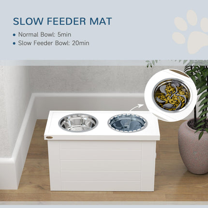 Raised Dog Bowls w/ Slow Feeder Mat, Storage Cabinet, Three Stainless Steel Bowl