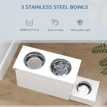 Raised Dog Bowls w/ Slow Feeder Mat, Storage Cabinet, Three Stainless Steel Bowl