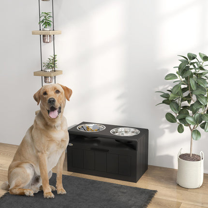 Raised Slow Feeder Dog Bowl with Two Stainless Steel Bowls and Drawer for Large & Extra Large Dogs - Black