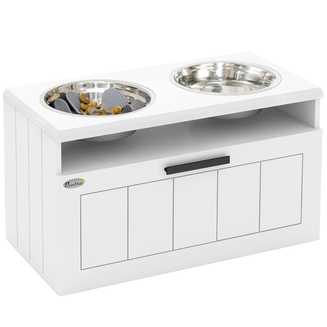 Raised Dog Bowl with Slow Feeder and Drawer, Two Stainless Steel Bowls for Large & Extra Large Dogs - White