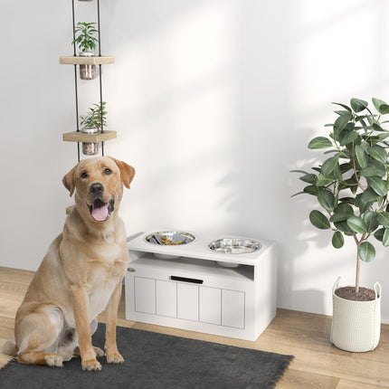 Raised Dog Bowl with Slow Feeder and Drawer, Two Stainless Steel Bowls for Large & Extra Large Dogs - White