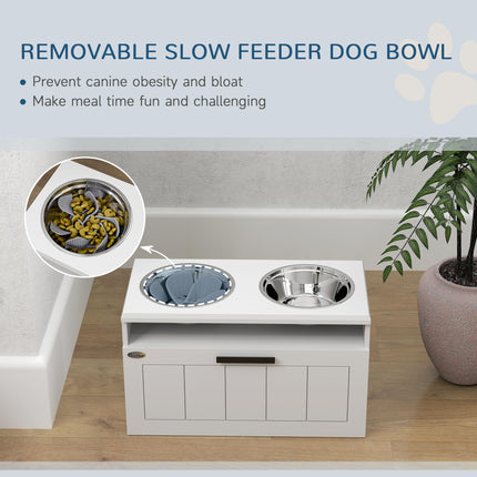 Raised Dog Bowl with Slow Feeder and Drawer, Two Stainless Steel Bowls for Large & Extra Large Dogs - White
