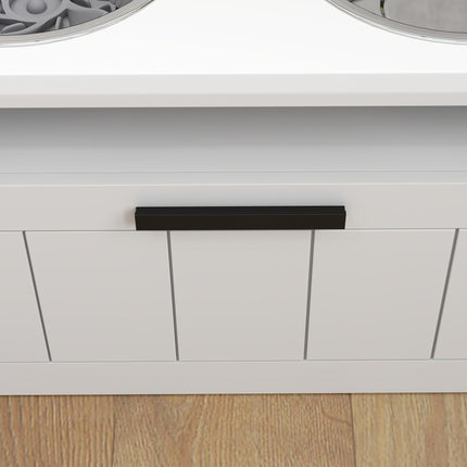 Raised Dog Bowl with Slow Feeder and Drawer, Two Stainless Steel Bowls for Large & Extra Large Dogs - White