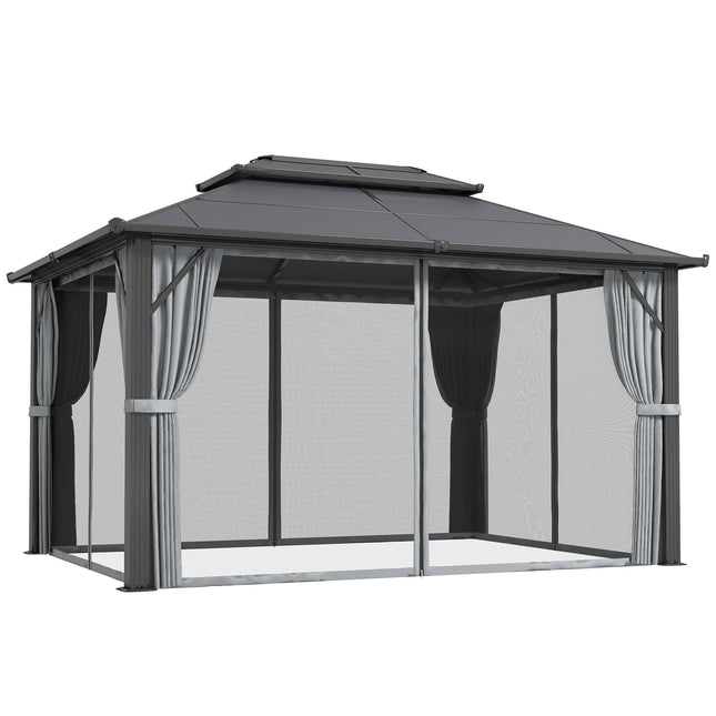 3x4m Hardtop Garden Gazebo with UPF30+ Double Polycarbonate Roof, Aluminium Frame, Mosquito Net & Curtains - Grey