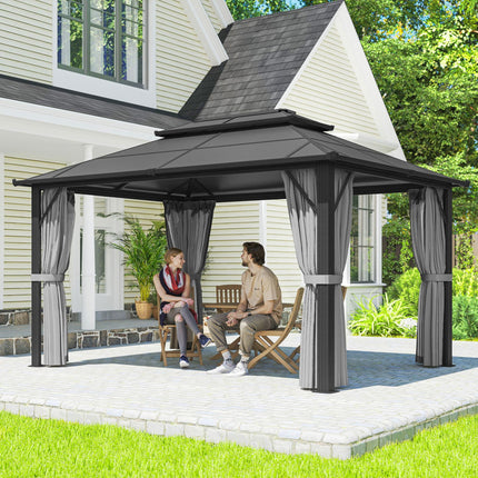 3x4m Hardtop Garden Gazebo with UPF30+ Double Polycarbonate Roof, Aluminium Frame, Mosquito Net & Curtains - Grey