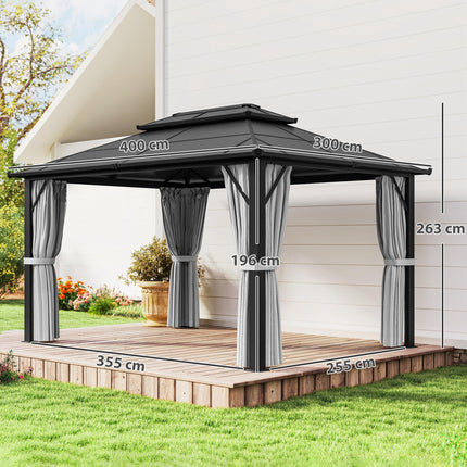 3x4m Hardtop Garden Gazebo with UPF30+ Double Polycarbonate Roof, Aluminium Frame, Mosquito Net & Curtains - Grey