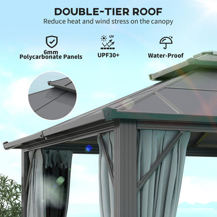 3x4m Hardtop Garden Gazebo with UPF30+ Double Polycarbonate Roof, Aluminium Frame, Mosquito Net & Curtains - Grey