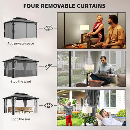 3x4m Hardtop Garden Gazebo with UPF30+ Double Polycarbonate Roof, Aluminium Frame, Mosquito Net & Curtains - Grey