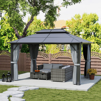 3x4m Hardtop Garden Gazebo with UPF30+ Double Polycarbonate Roof, Aluminium Frame, Mosquito Net & Curtains - Grey