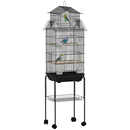 Metal Bird Cage with Swing, Perches, Food Containers & Tray for Finches, Canaries, Budgies - Black