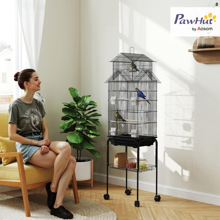 Metal Bird Cage with Swing, Perches, Food Containers & Tray for Finches, Canaries, Budgies - Black