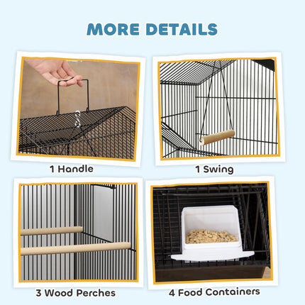 Metal Bird Cage with Swing, Perches, Food Containers & Tray for Finches, Canaries, Budgies - Black