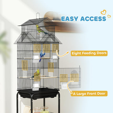 Metal Bird Cage with Swing, Perches, Food Containers & Tray for Finches, Canaries, Budgies - Black